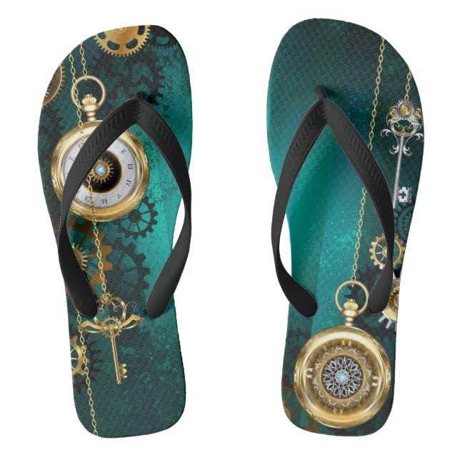 Steampunk Jewellery Watch on a Green Background Jandals (Footbed)