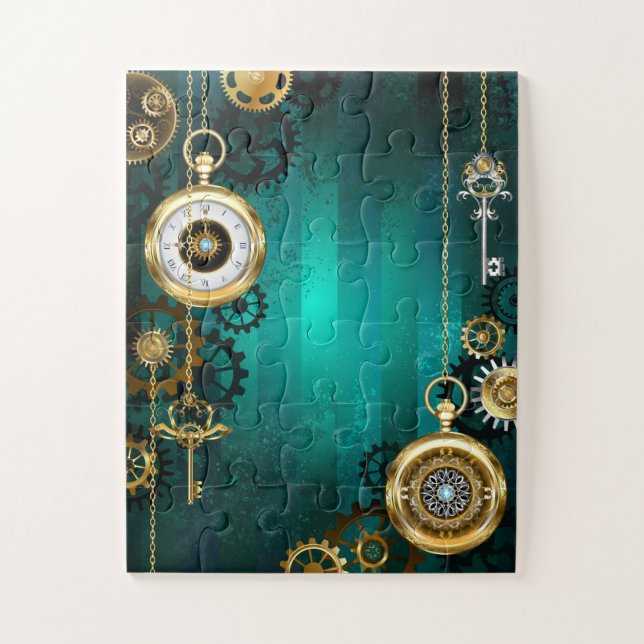 Steampunk Jewellery Watch on a Green Background Jigsaw Puzzle (Vertical)