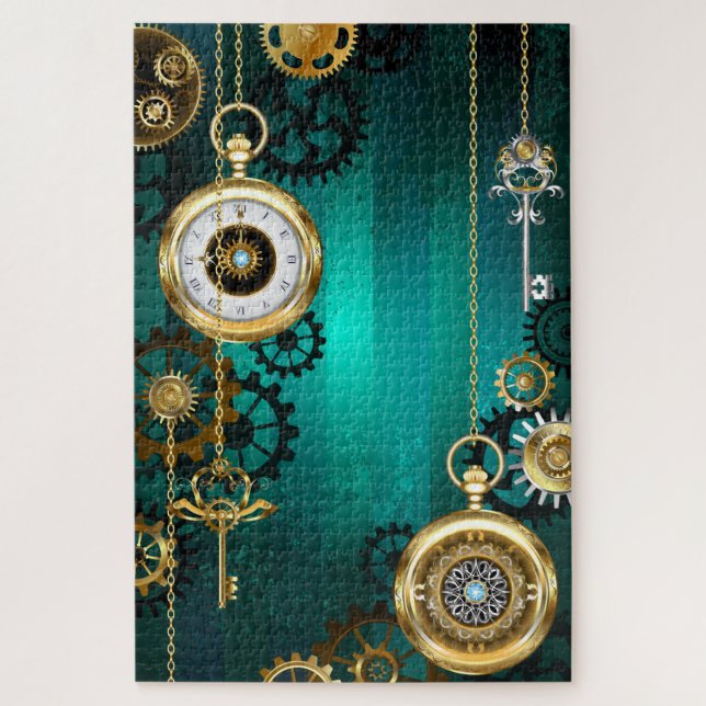 Steampunk Jewellery Watch on a Green Background Jigsaw Puzzle (Vertical)