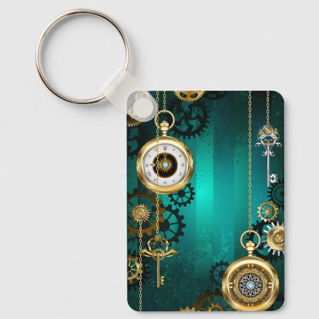 Steampunk Jewellery Watch on a Green Background Key Ring (Front)