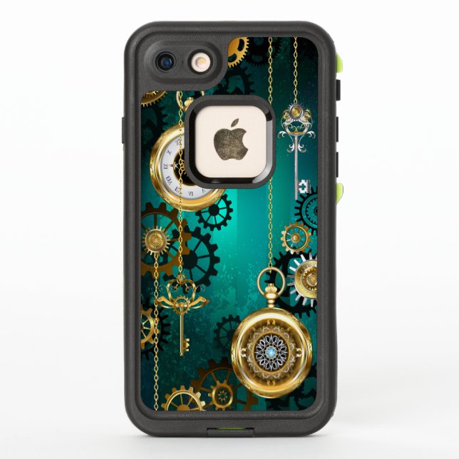 Steampunk Jewellery Watch on a Green Background LifeProof iPhone Case (Back)