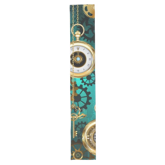 Steampunk Jewellery Watch on a Green Background Long Table Runner (Front)