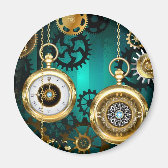 Steampunk Jewellery Watch on a Green Background Magnet (Front)