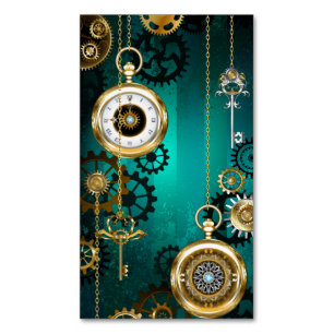 Steampunk Jewellery Watch on a Green Background Magnetic Business Card