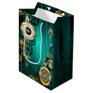 Steampunk Jewellery Watch on a Green Background Medium Gift Bag