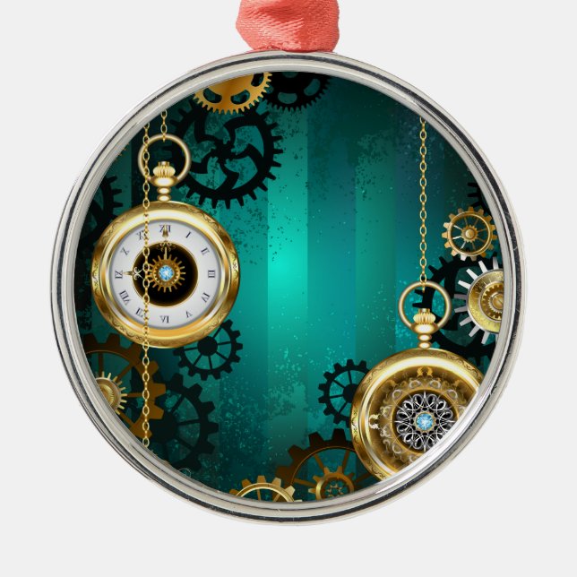Steampunk Jewellery Watch on a Green Background Metal Tree Decoration (Front)