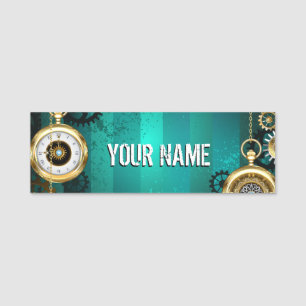 Steampunk Jewellery Watch on a Green Background Name Tag