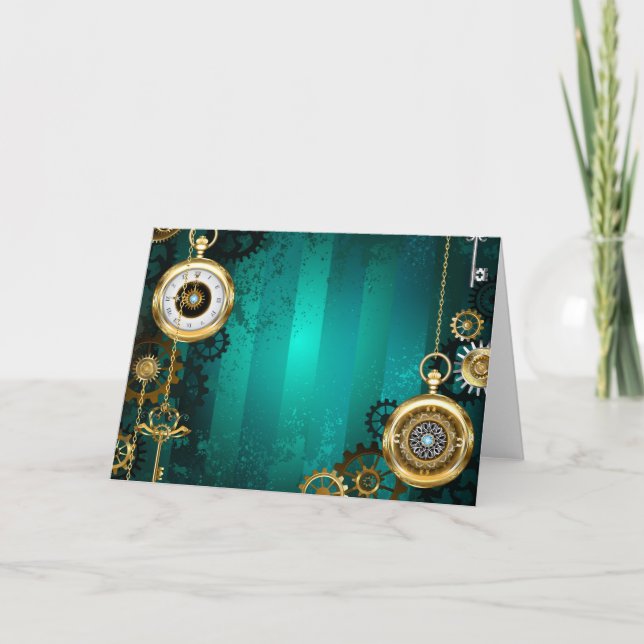 Steampunk Jewellery Watch on a Green Background Note Card (Front)
