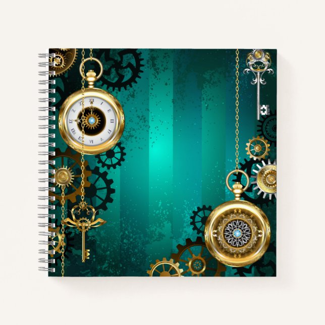 Steampunk Jewellery Watch on a Green Background Notebook (Front)