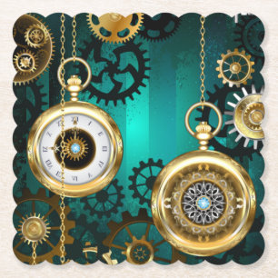 Steampunk Jewellery Watch on a Green Background Paper Coaster
