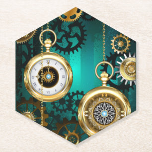 Steampunk Jewellery Watch on a Green Background Paper Coaster