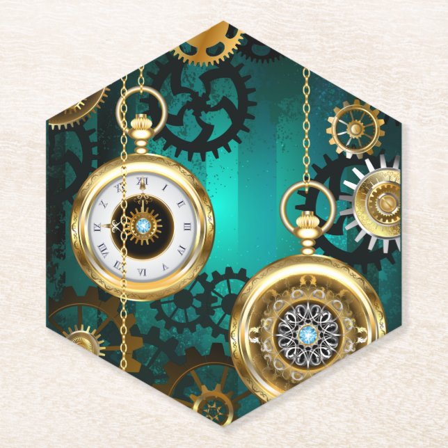 Steampunk Jewellery Watch on a Green Background Paper Coaster (Front)