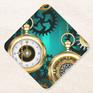 Steampunk Jewellery Watch on a Green Background Paper Coaster