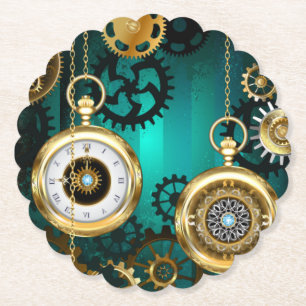 Steampunk Jewellery Watch on a Green Background Paper Coaster