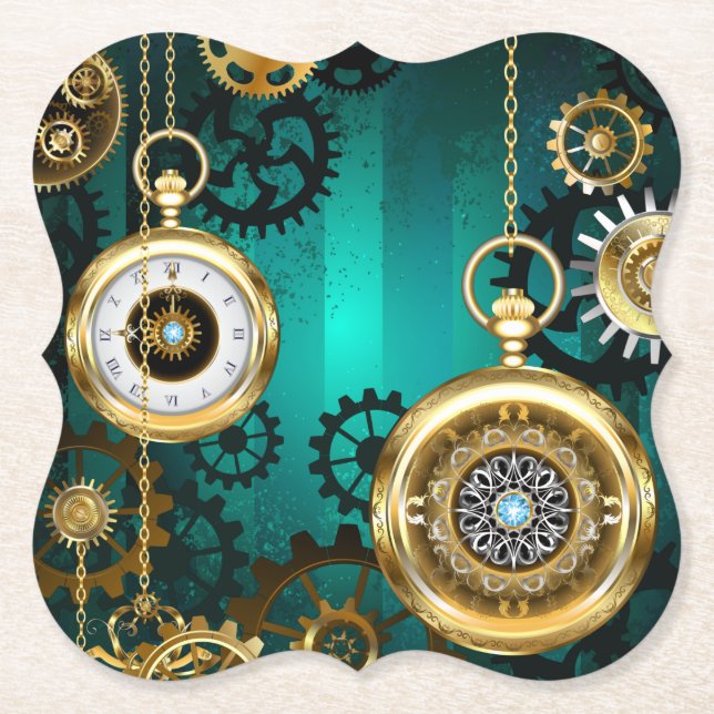 Steampunk Jewellery Watch on a Green Background Paper Coaster (Front)