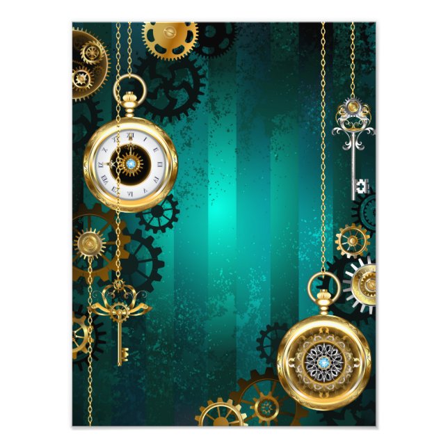 Steampunk Jewellery Watch on a Green Background Photo Print (Front)