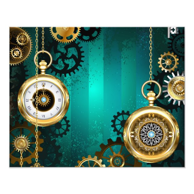 Steampunk Jewellery Watch on a Green Background Photo Print (Front)