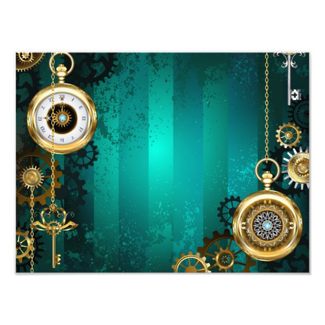 Steampunk Jewellery Watch on a Green Background Photo Print (Front)
