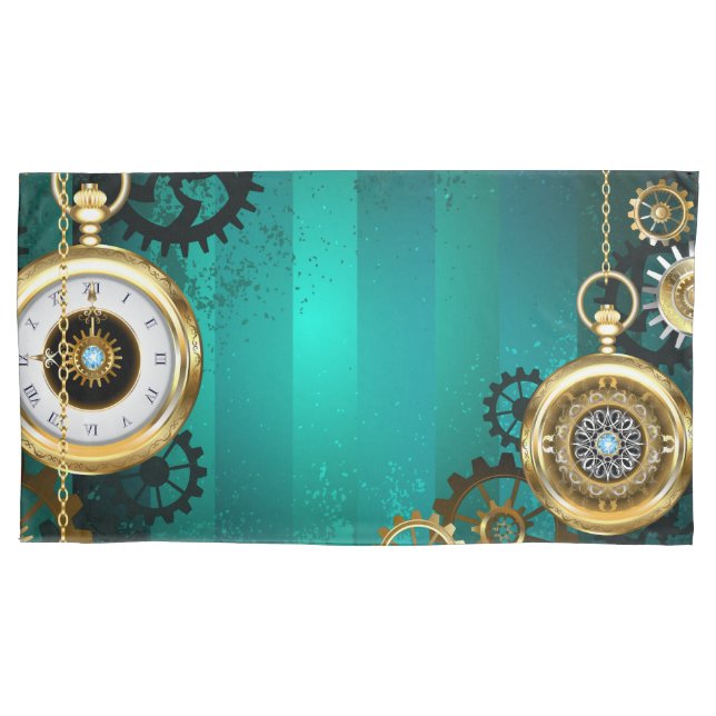 Steampunk Jewellery Watch on a Green Background Pillowcase (Front-Left)