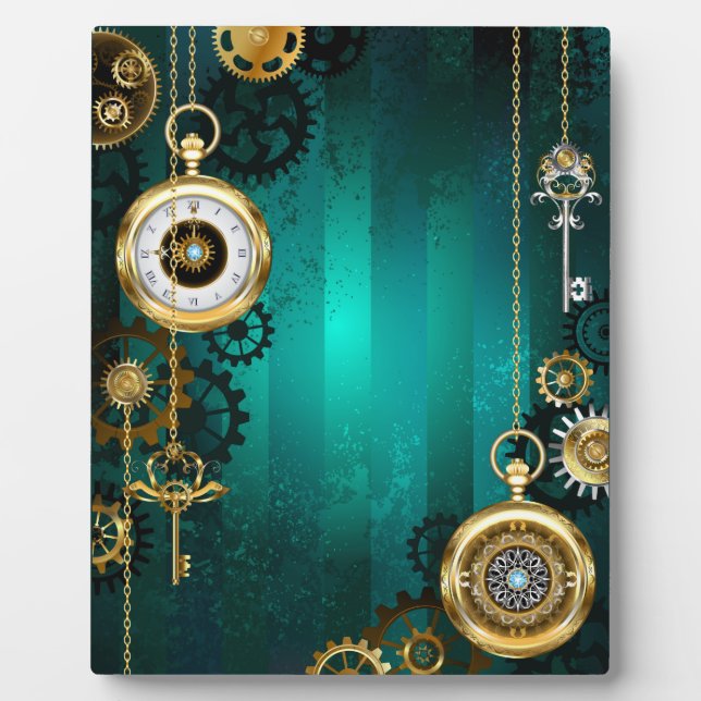 Steampunk Jewellery Watch on a Green Background Plaque (Front)