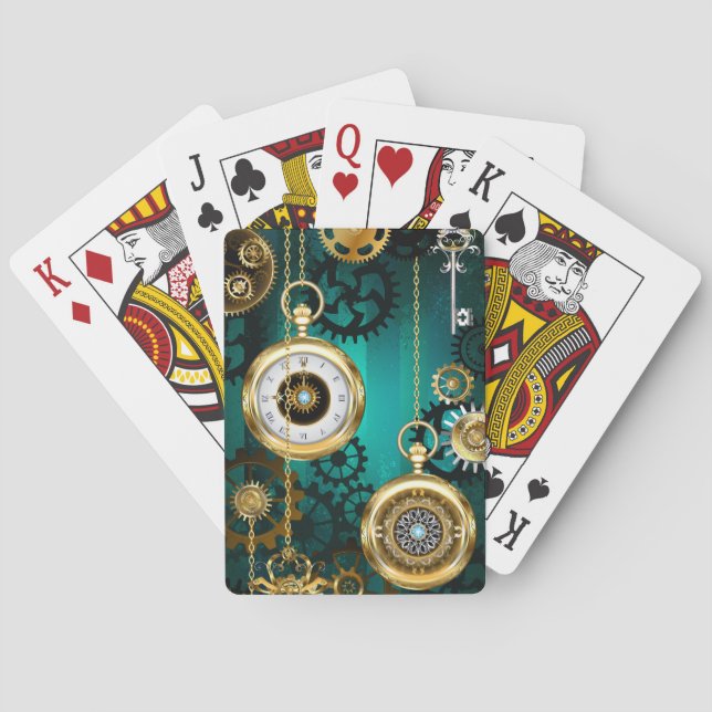 Steampunk Jewellery Watch on a Green Background Playing Cards (Back)