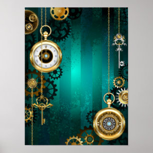 Steampunk Jewellery Watch on a Green Background Poster