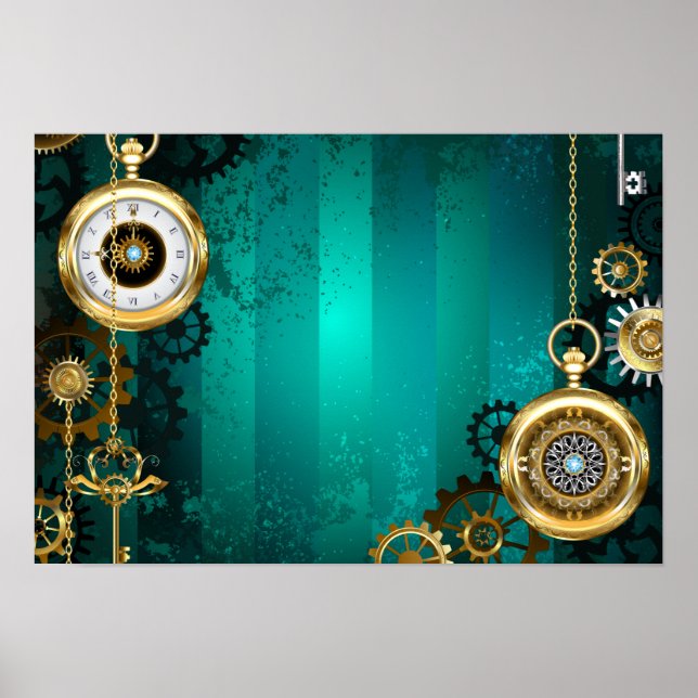 Steampunk Jewellery Watch on a Green Background Poster (Front)