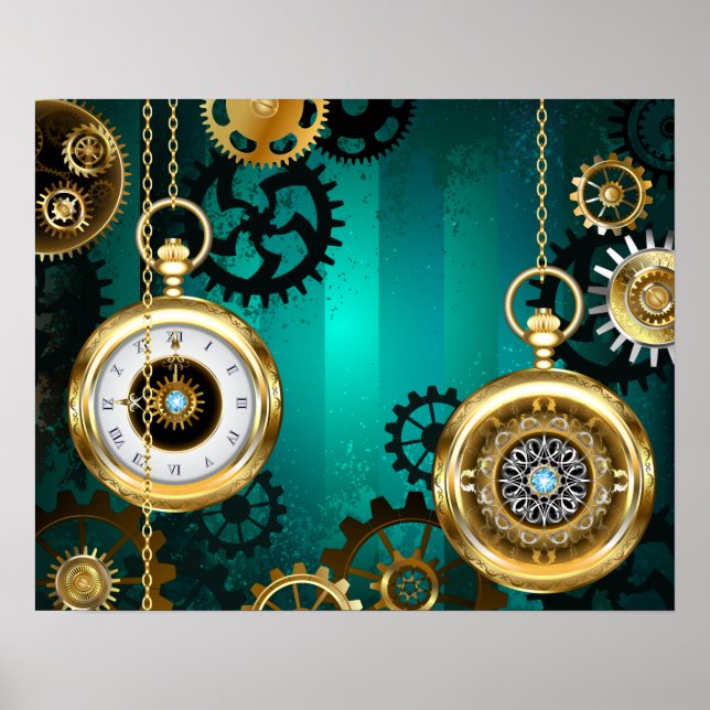 Steampunk Jewellery Watch on a Green Background Poster (Front)