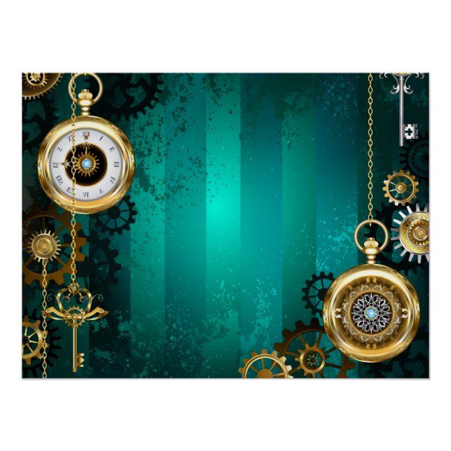 Steampunk Jewellery Watch on a Green Background Poster (Front)