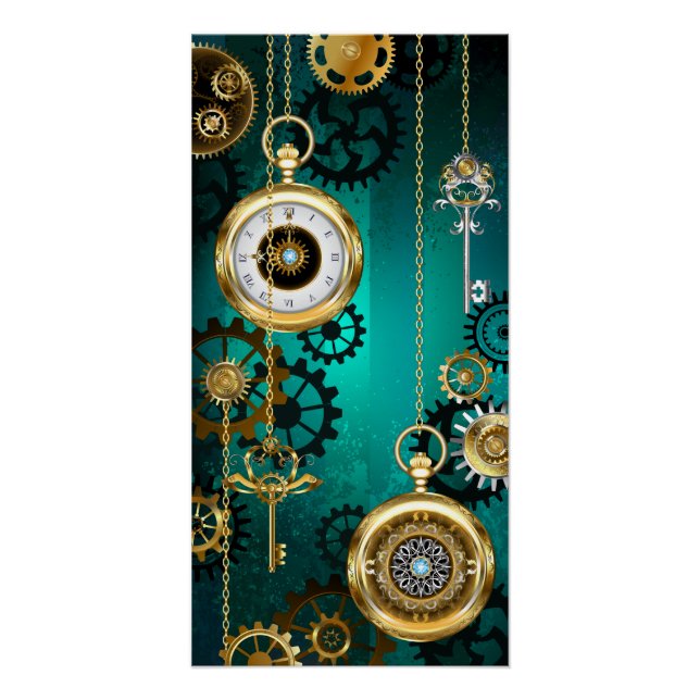 Steampunk Jewellery Watch on a Green Background Poster (Front)