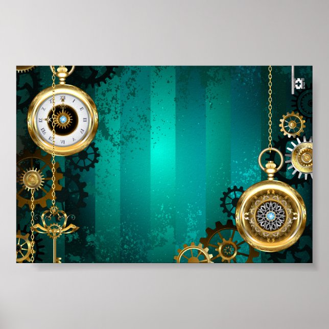 Steampunk Jewellery Watch on a Green Background Poster (Front)