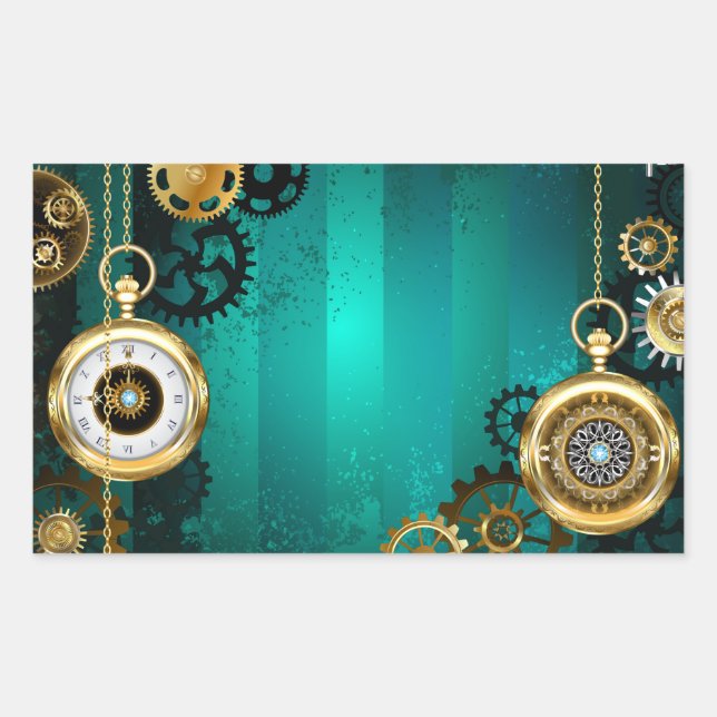 Steampunk Jewellery Watch on a Green Background Rectangular Sticker (Front)