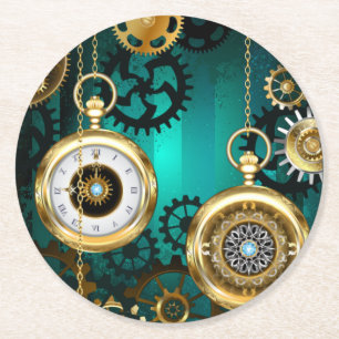 Steampunk Jewellery Watch on a Green Background Round Paper Coaster