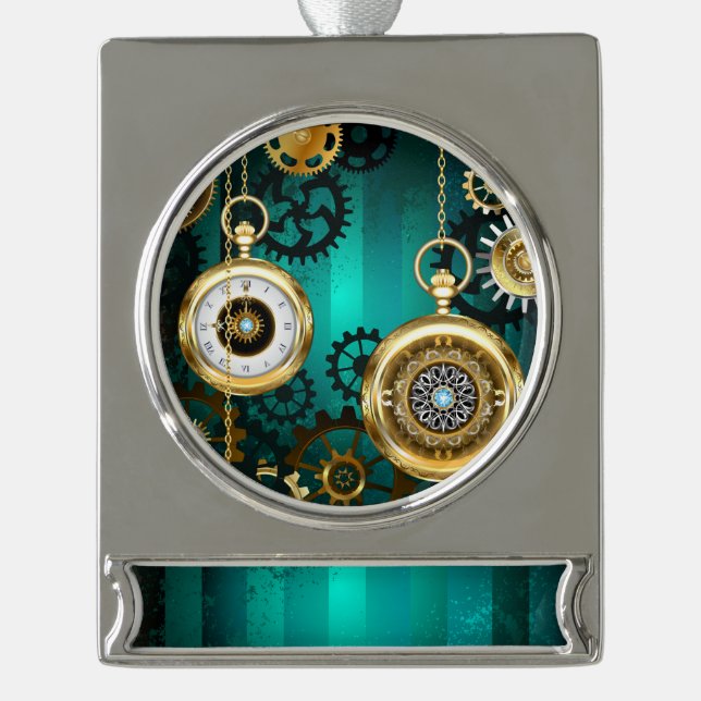 Steampunk Jewellery Watch on a Green Background Silver Plated Banner Ornament (Front)