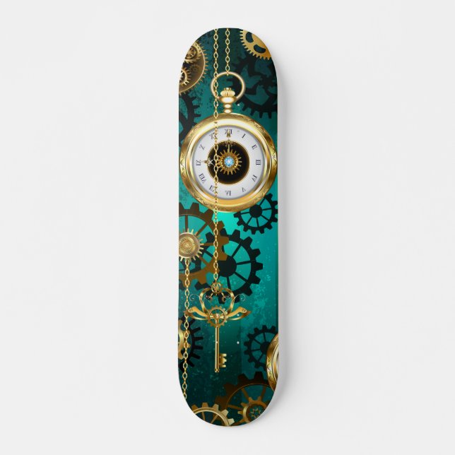 Steampunk Jewellery Watch on a Green Background Skateboard (Front)