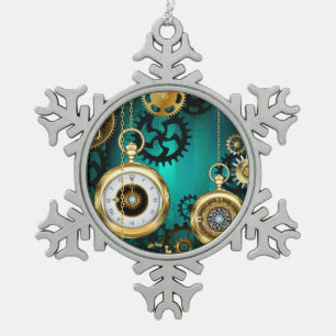 Steampunk Jewellery Watch on a Green Background Snowflake Pewter Christmas Ornament