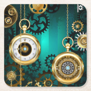Steampunk Jewellery Watch on a Green Background Square Paper Coaster
