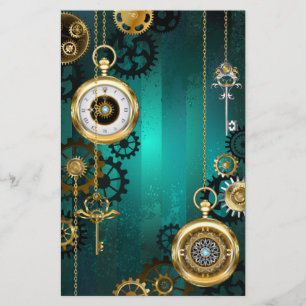 Steampunk Jewellery Watch on a Green Background Stationery