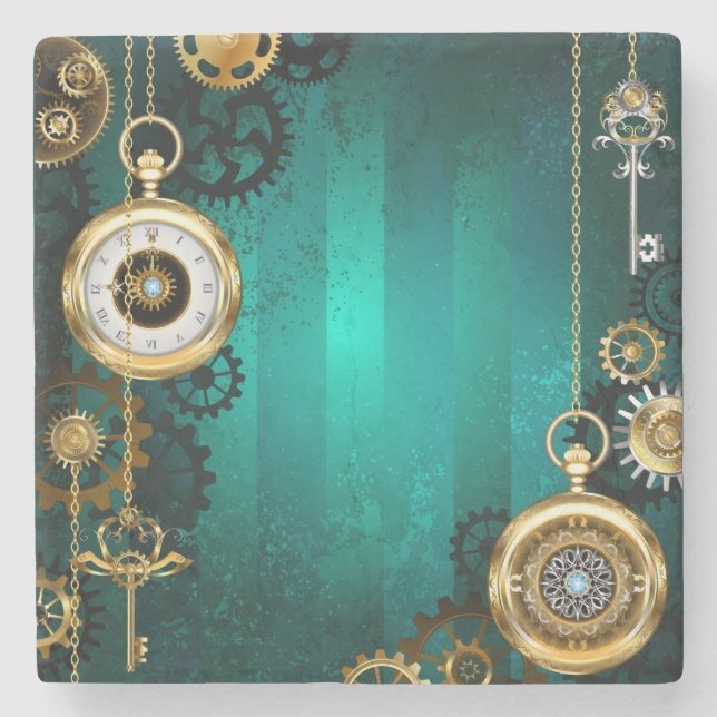 Steampunk Jewellery Watch on a Green Background Stone Coaster (Front)