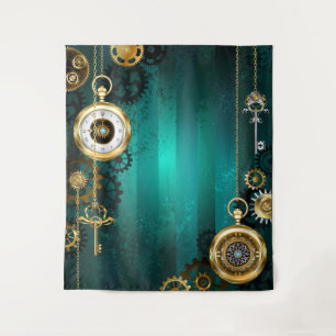 Steampunk Jewellery Watch on a Green Background Tapestry
