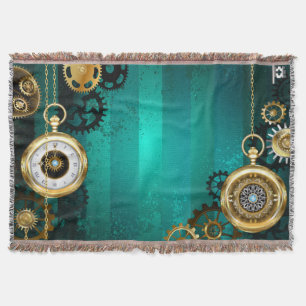 Steampunk Jewellery Watch on a Green Background Throw Blanket