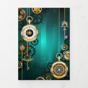 Steampunk Jewellery Watch on a Green Background Tri-Fold Holiday Card