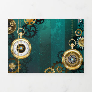 Steampunk Jewellery Watch on a Green Background Tri-Fold Invitation