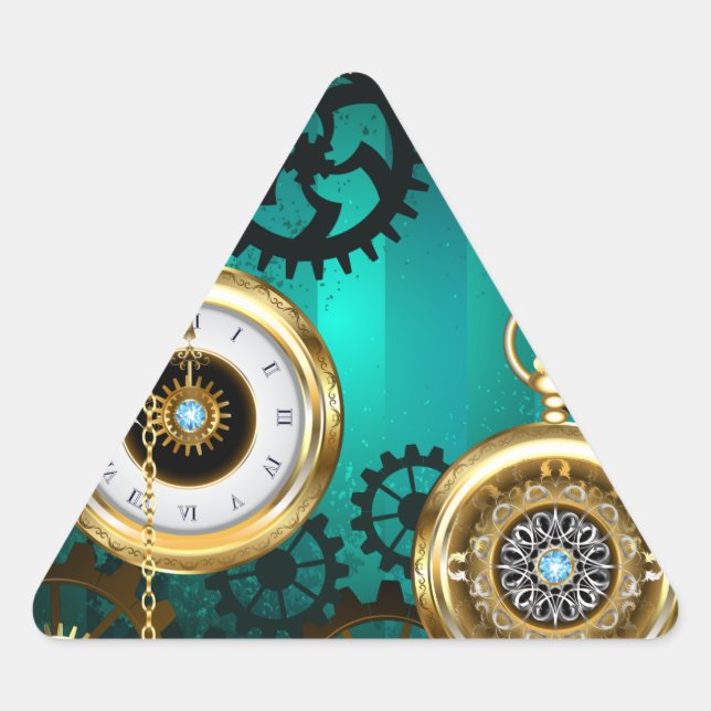 Steampunk Jewellery Watch on a Green Background Triangle Sticker (Front)