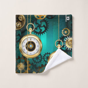 Steampunk Jewellery Watch on a Green Background Wash Cloth
