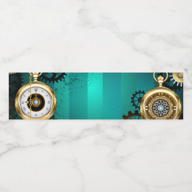 Steampunk Jewellery Watch on a Green Background Water Bottle Label (Single Label)