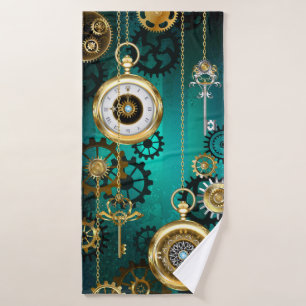 Steampunk Jewelry Watch on a Green Background Bath Towel