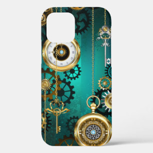 Steampunk Jewelry Watch on a Green Background iPhone 12 Pro Case