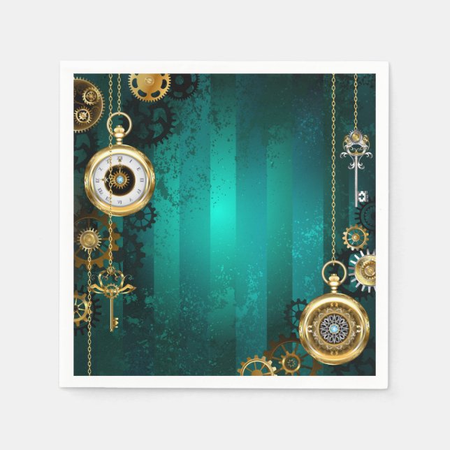 Steampunk Jewelry Watch on a Green Background Napkin (Front)