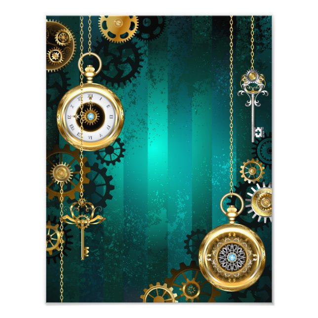 Steampunk Jewelry Watch on a Green Background Photo Print (Front)